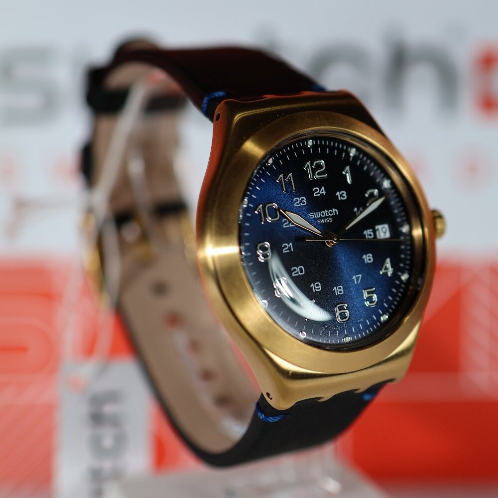 Limited Swiss Swatch Made Irony Gold Colored Blue Happy Joe Golden YWG408 41MM - Picture 6 of 10